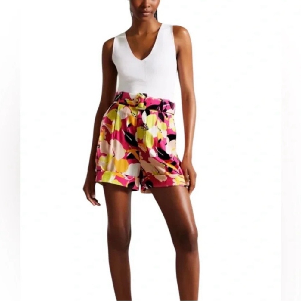 Ted Baker Pink and Yellow Floral High Waist Shorts with belt. Size 2
